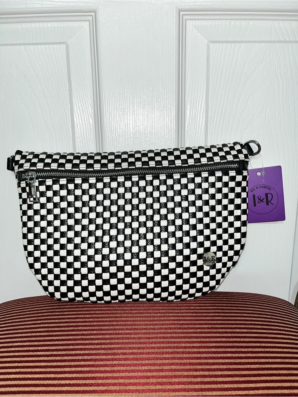 Iris & Rainbow Black/White Day In Tessellate Woven Faux Leather Crossbody Bag